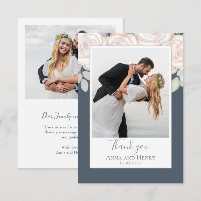 Elegant Wedding Thank You Floral Watercolor Grey Card (Front/Back)