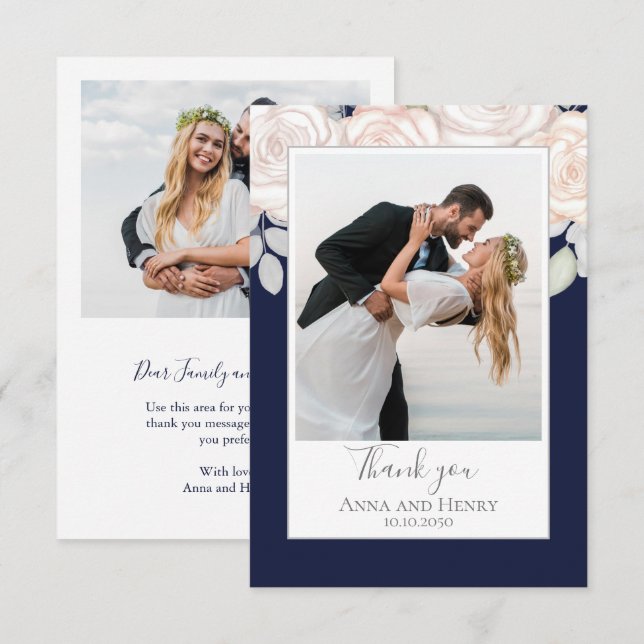 Elegant Wedding Thank You Floral Watercolor Navy  (Front/Back)