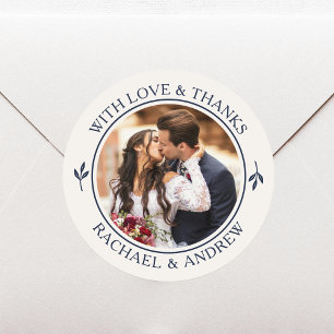 Elegant Wedding Thank You Photo Navy Blue Classic Round Sticker