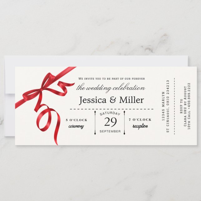 Elegant Wedding Ticket Invitation with Red Ribbon (Front)