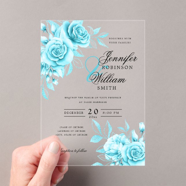 Elegant Wedding Turquoise Roses Floral Theme Acrylic Invitations (Insitu (Handheld))