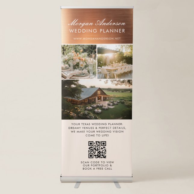 Elegant Wedding Vendor QR Code 3 Photo Template Retractable Banner (Front)