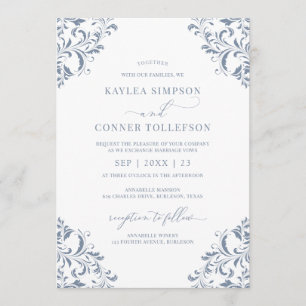 Elegant Wedding Vintage Dusty Blue Calligraphy Invitation