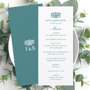 Elegant Wedding Vintage Floral Monogram Teal Menu