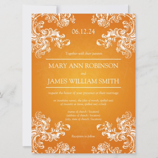 Elegant Wedding Vintage Swirls 2 Orange Invitation (Front)