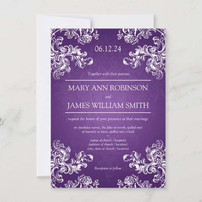 Elegant Wedding Vintage Swirls 2 Purple Invitation (Front)