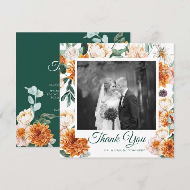 Elegant Wedding Watercolor Floral Photo Thank You  Card (Front/Back)