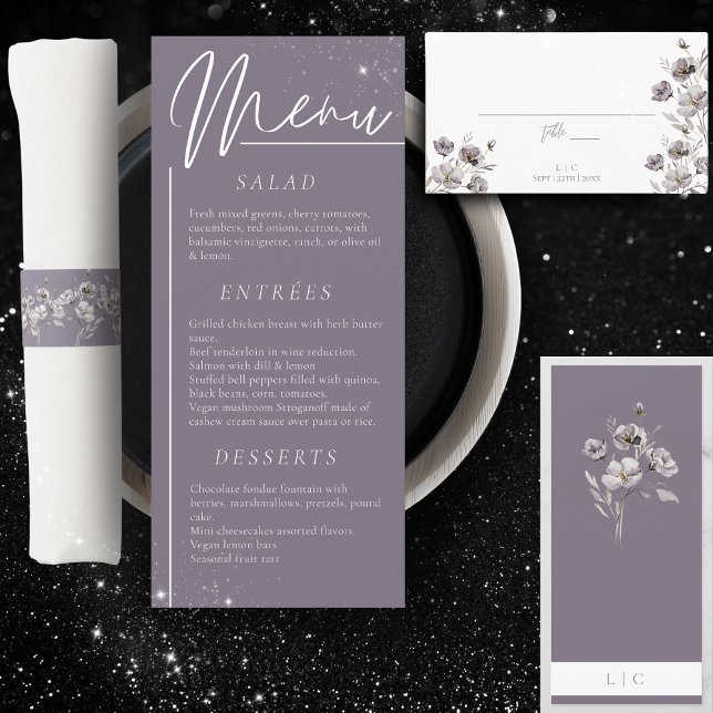 Elegant wedding watercolor flower purple dinner menu (Creator Uploaded)