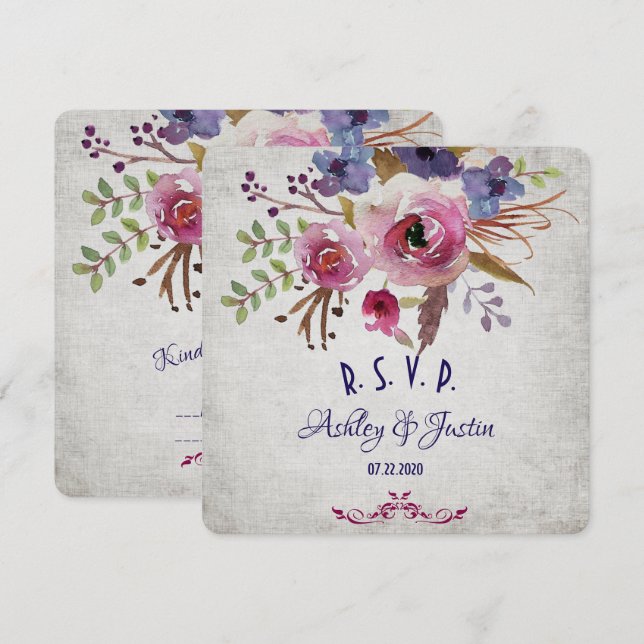 Elegant Wedding Watercolor Flowers RSVP Card (Front/Back)