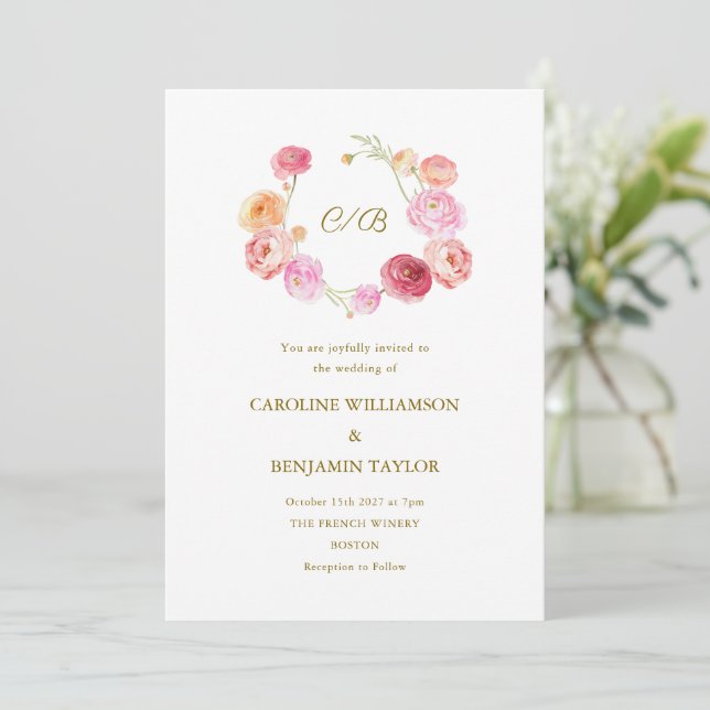 Elegant Wedding Watercolor Ranunculus Floral Pink Invitation (Standing Front)