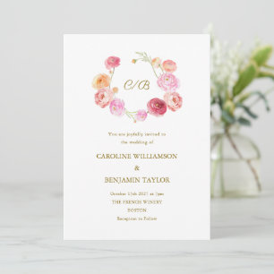 Elegant Wedding Watercolor Ranunculus Floral Pink Invitation