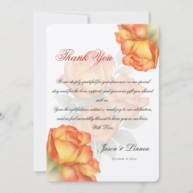 Elegant Wedding Watercolor Roses Pastel Petals Thank You Card (Front)
