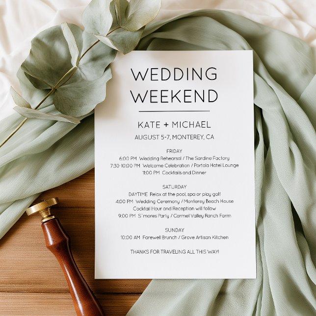 Elegant Wedding Weekend Itinerary Invitation (Minimalist Black and White Wedding Weekend Itinerary)