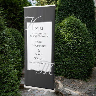 Elegant Wedding Welcome Monogram Black White Retractable Banner