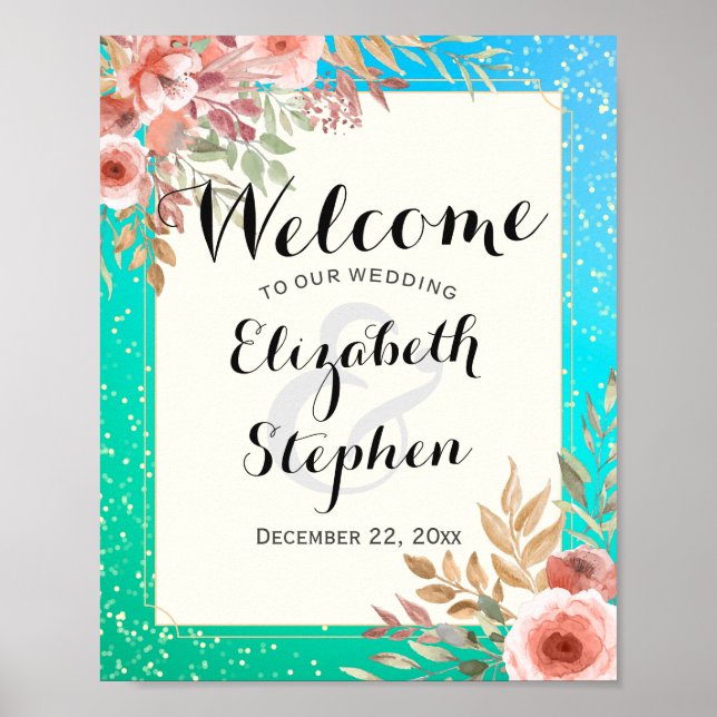 Elegant Wedding Welcome Pink Floral Teal Gold Dots Poster (Front)