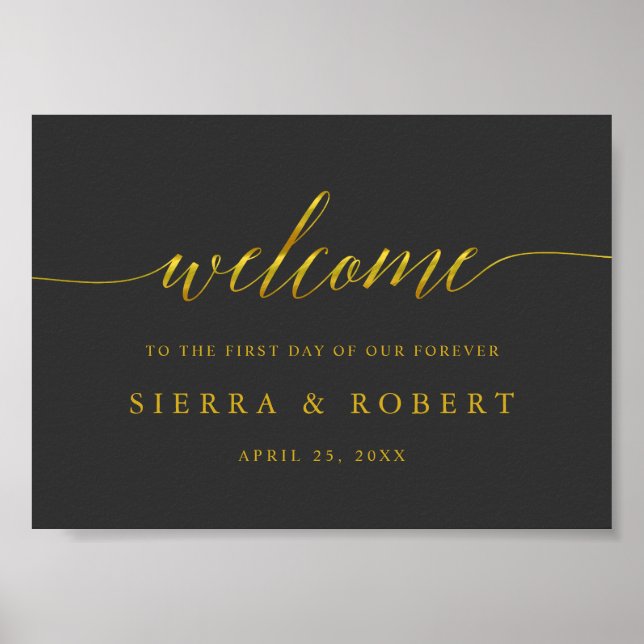 Elegant Wedding Welcome Sign with Faux Gold Script (Front)