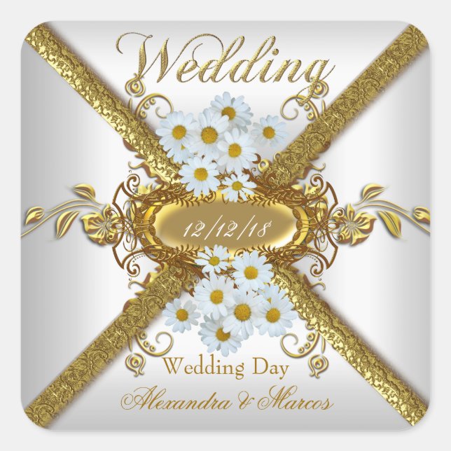 Elegant Wedding White Daisy Flowers Gold Square Sticker (Front)