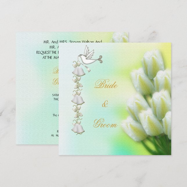 Elegant Wedding White Flowers Dove Bells Invitation (Front/Back)