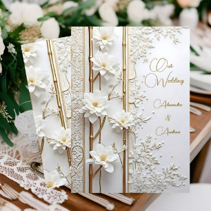 Elegant Wedding White Gold Floral Bamboo Elite Invitation