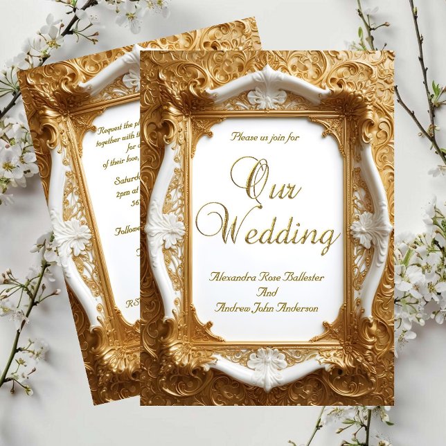 Elegant Wedding White Gold Ornate Frame Invitation (Creator Uploaded)