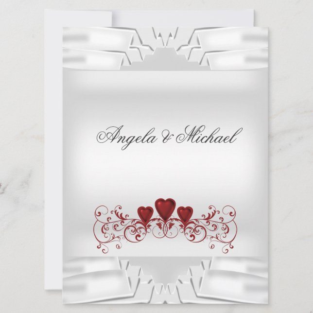 Elegant Wedding White Red Hearts Big  Invitation (Front)