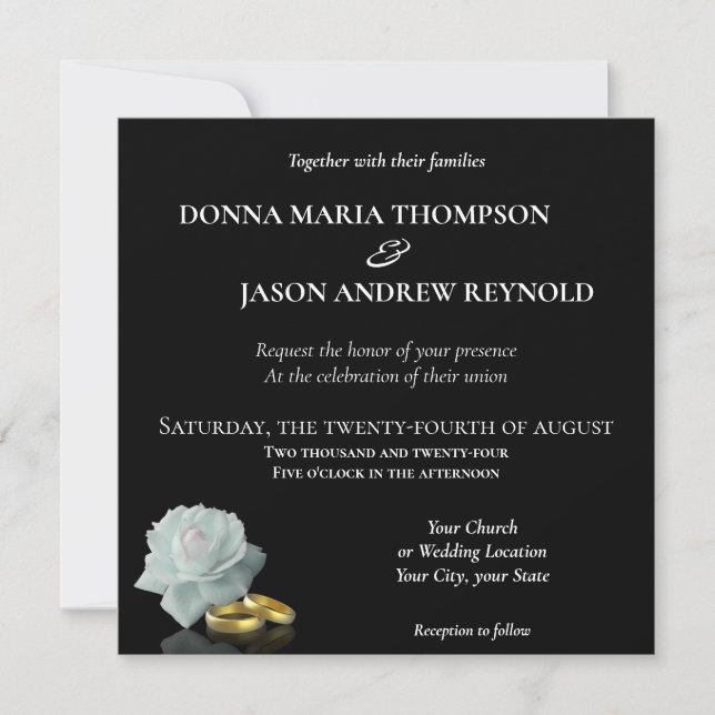 Elegant Wedding White Rose Gold Rings Black Invitation (Front)