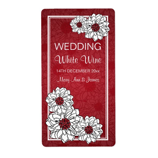 Elegant Wedding Wine Label Dahlia Floral Red (Front)