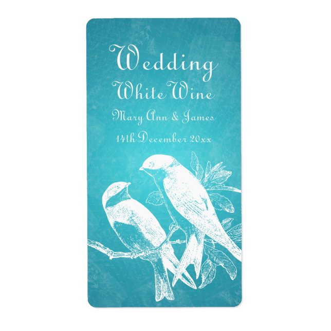 Elegant Wedding Wine Label Love Birds Blue (Front)