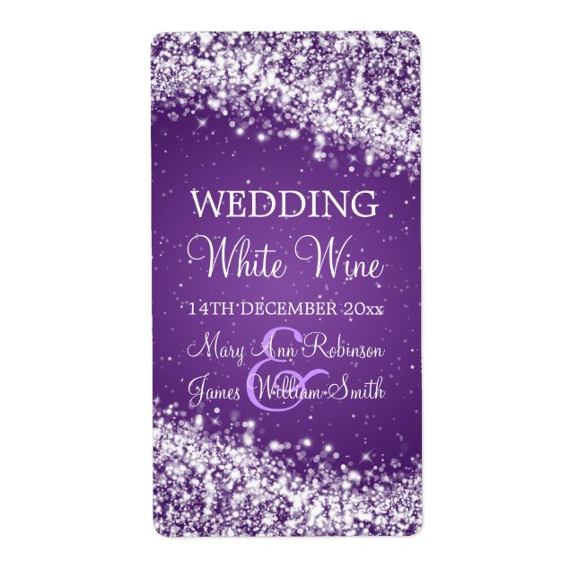 Elegant Wedding Wine Label Sparkling Wave Purple (Front)