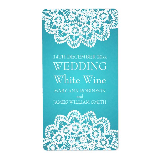Elegant Wedding Wine Label Vintage Lace Blue (Front)