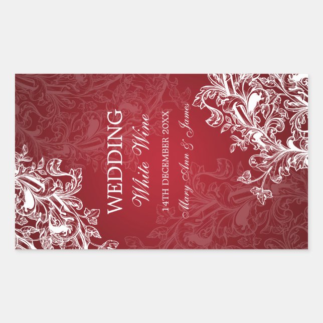 Elegant Wedding Wine Label Vintage Swirls Red (Front)
