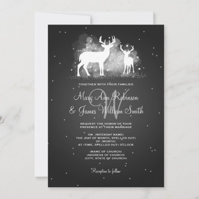 Elegant Wedding Winter Deer Sparkle Black Invitation (Front)