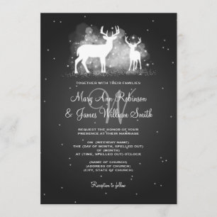 Elegant Wedding Winter Deer Sparkle Black Invitation