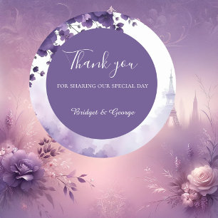 Elegant Wedding with Eiffel Tower & Purple Flowers Classic Round Sticker