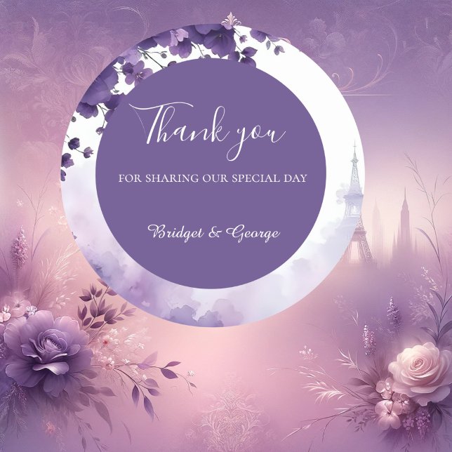 Elegant Wedding with Eiffel Tower & Purple Flowers Classic Round Sticker (Creator Uploaded)