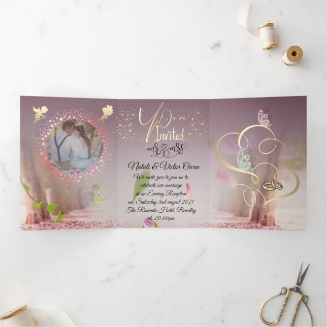 elegant wedding with purine and angel Tri-Fold invitation (Inside)