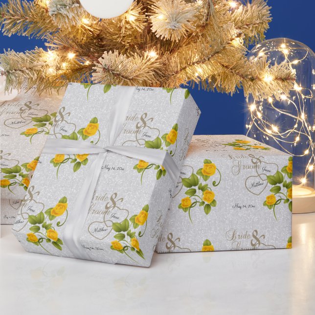 Elegant Wedding with Yellow Roses & Gold Lettering Wrapping Paper (Holidays)