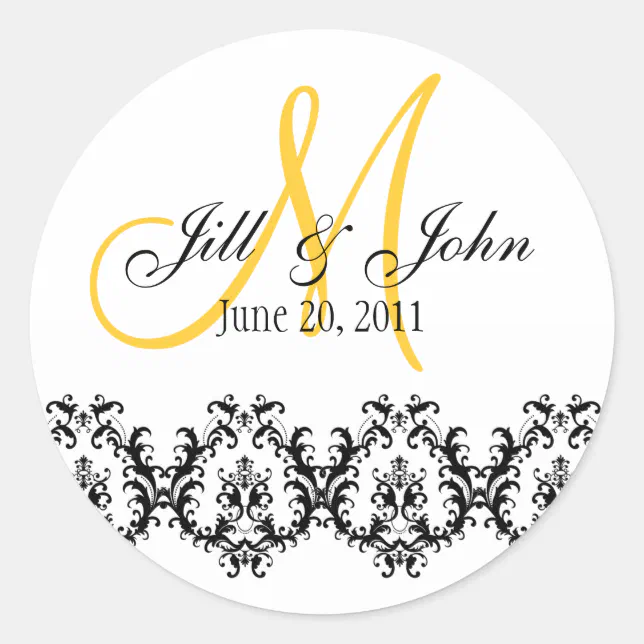 Elegant Wedding Yellow Monogram Save the Date Classic Round Sticker ...