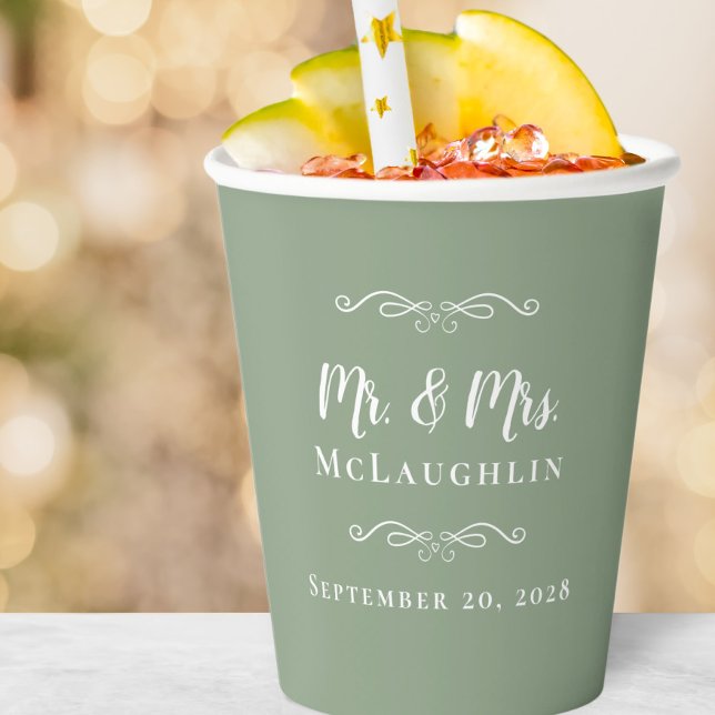 Elegant Weddings Sage Green Mr & Mrs Couple Paper Cups (Creator Uploaded)