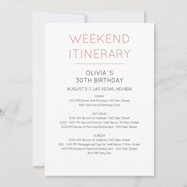 Elegant Weekend Birthday Itinerary Invitation (Front)