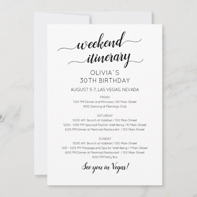 Elegant Weekend Birthday Itinerary Invitation (Front)