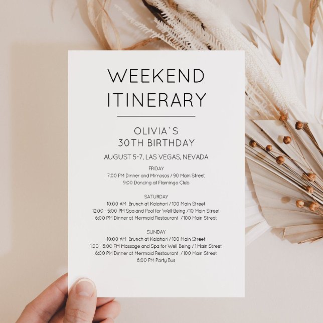 Elegant Weekend Birthday Itinerary Invitation (Minimalist Weekend Itinerary Card)