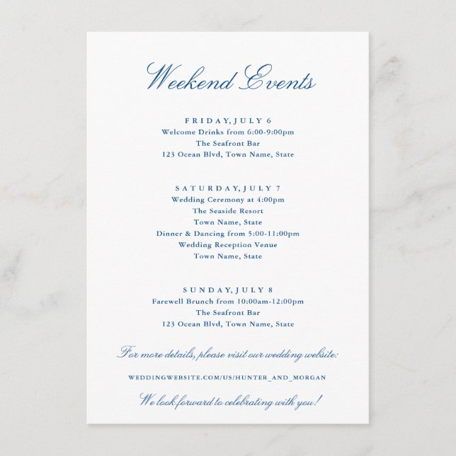 Elegant Weekend Events Navy Blue Wedding Enclosure Card (Front)