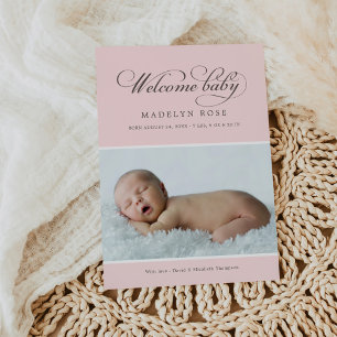 Elegant Welcome Baby Girl Pale Pink Photo Birth Announcement