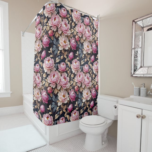 Elegant Welcome Blush Pink Peony Floral Black Shower Curtain (In Situ)