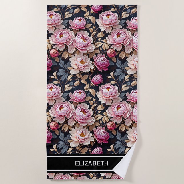 Elegant Welcome Blush Pink Peony Floral Name Beach Towel (Front)