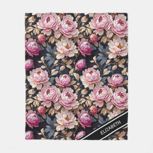 Elegant Welcome Blush Pink Peony Floral Name Fleece Blanket