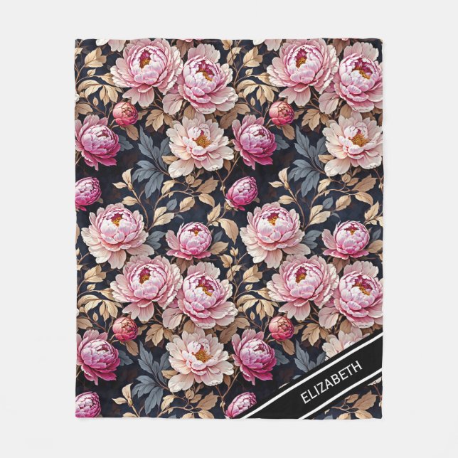 Elegant Welcome Blush Pink Peony Floral Name Fleece Blanket (Front)