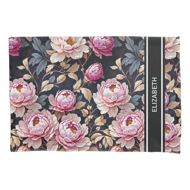 Elegant Welcome Blush Pink Peony Floral Name Pillowcase (Front)