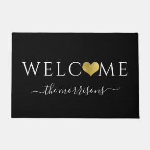 Elegant Welcome Gold Heart Family Name Doormat